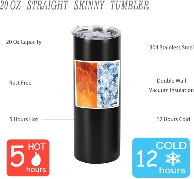 20 Oz Stainless Steel Straight Skinny Tumbler Set (8 Pack), Insulated Slim Thin Travel Cup with Lid, Black - Image 6
