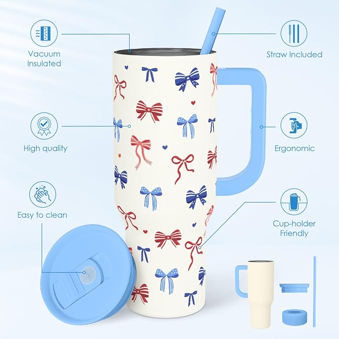 SANDJEST American Flag 40oz Tumbler with Handle and Straw, Insulated Stainless Steel Travel Coffee Mug for Women Girls, Gift Idea for Birthday Christmas 4th of July (Bow) - Image 2