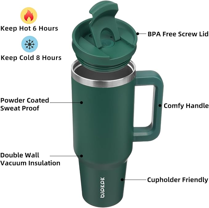 BJPKPK 40 oz Stainless Steel Tumbler With Handle Insulated Tumblers With 2 Straw Travel Coffee Mug With Lid,Army Green - Image 2