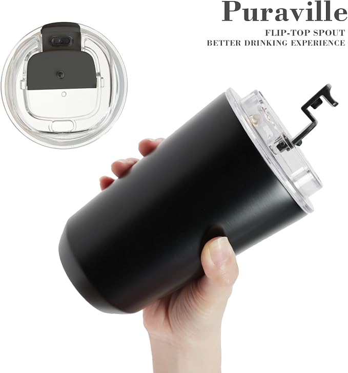 Puraville Insulated Tumblers with Lid, 14 oz Travel Coffee Mug Stainless Steel Vacuum Cup, Leak Proof Reusable Double Walled Coffee Tumbler for Iced and Hot Drinks, Black - Image 5