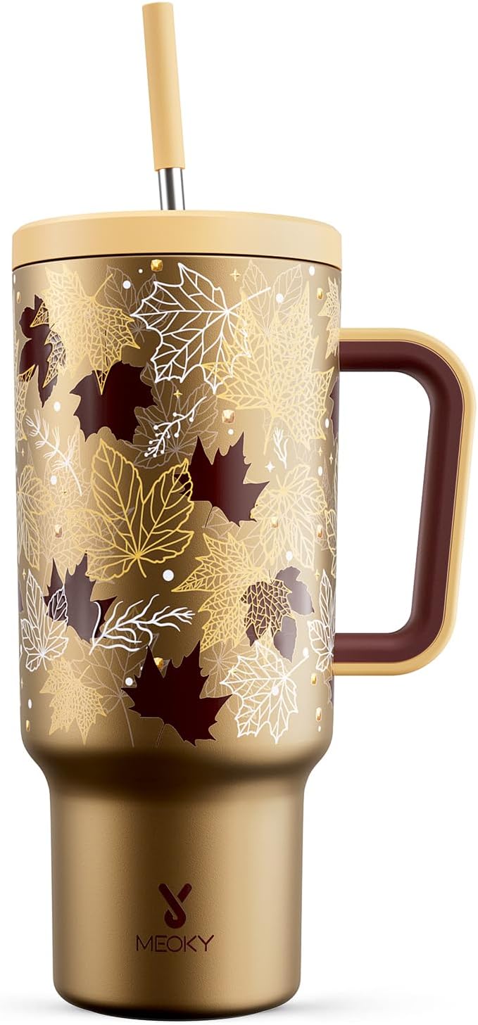 Meoky 40 oz Tumbler with Handle and Straw: Stainless Steel Insulated Tumbler with Lid and Straw - 100% Leak Proof Tumbler for Car Cup Holders - Travelers Commuters Workers, Maple by MEOKY
