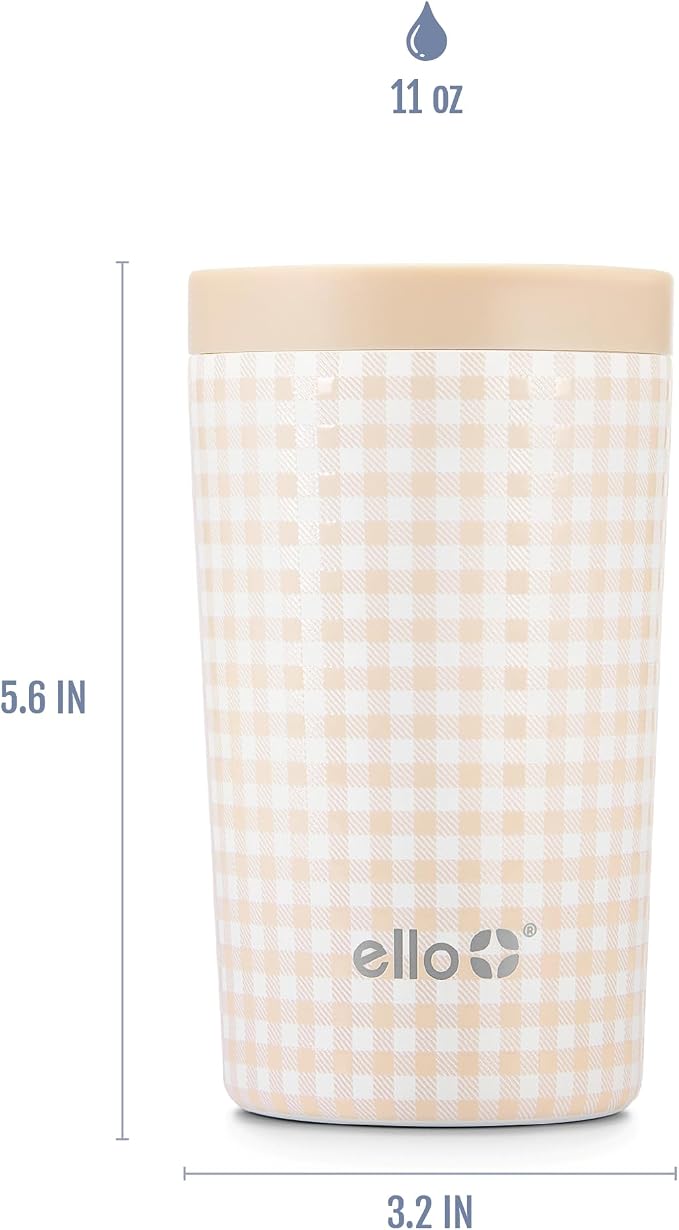 Ello Jones 11oz Insulated Stainless Steel Travel Mug with Leak-Proof Slider Lid, Single Serve Small Coffee Tumbler, Keeps Drinks Hot 3 Hours Cold 8 Hours, BPA-Free, Beige Gingham - Image 5