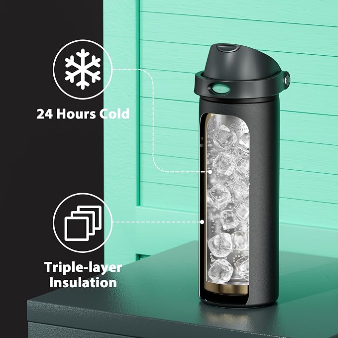 24 oz Insulated Water Bottle for Sports: Meoky Stainless Steel Water Bottle with 2-in-1 Straw and Spout Lid - Leak Proof, Cold for 24 Hours, Fits in Car Cup Holder, BPA-Free for Travel Gym, Foggy Tide - Image 4