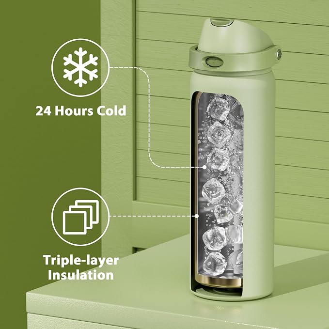 32 oz Insulated Water Bottle with Straw: Meoky Stainless Steel Metal Water Bottle with 2-in-1 Lid - Leak Proof, Cold for 24 Hours, Protective Silicone Base, BPA-Free for Sports Gym, Sage - Image 5