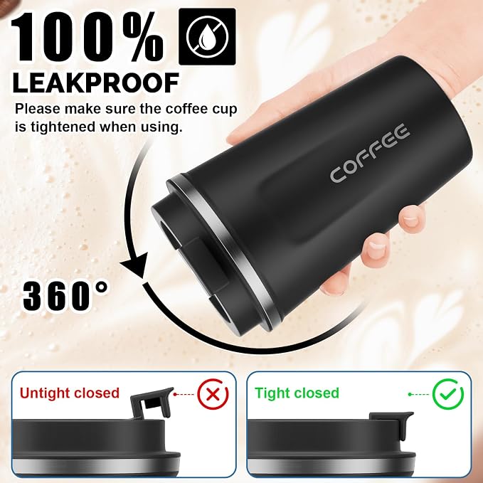 MOMSIV 12oz Travel Mug, Insulated Coffee Cup with Leakproof Lid, Vacuum Stainless Steel Double Walled Reusable Tumbler for Hot and Cold Water Coffee and Tea In Travel and Car Black - Image 4