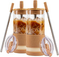 Pandaloo® Glass Cups With Lids and Straws -20 Fl Oz- Perfect Size Iced Coffee Cup - Smoothie Cup With Bamboo Lid and On the go Lid - Glass Tumbler With Straw (2 Count (Pack of 1), Amber Sand) by Pandaloo