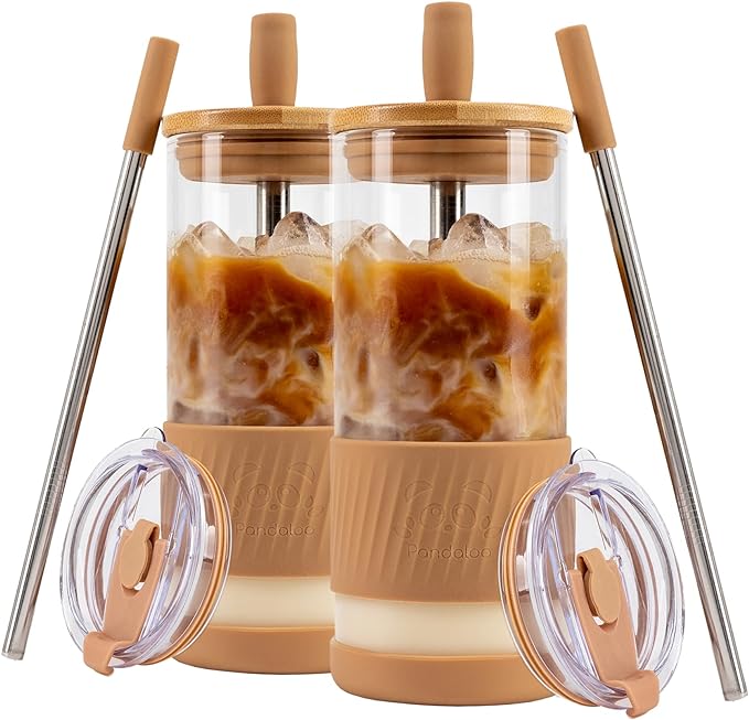 Pandaloo® Glass Cups With Lids and Straws -20 Fl Oz- Perfect Size Iced Coffee Cup - Smoothie Cup With Bamboo Lid and On the go Lid - Glass Tumbler With Straw (2 Count (Pack of 1), Amber Sand) by Pandaloo