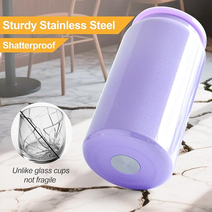 6 Pack Glass Cups with Lids and Straws Unbreakable 16 oz Stainless Steel Can Cup Double Wall Insulated Beer Can Tumbler for Iced Coffee, Juice, Soda, Iridescent-Colored - Image 2