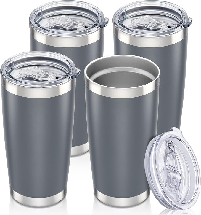 20 oz Tumbler with Lid Stainless Steel Insulated Tumblers Bulk Double Wall Vacuum Cups Powder Coated Travel Mug Keep Drinks Cold and Hot, Grey, 4 Pack by Orebigo