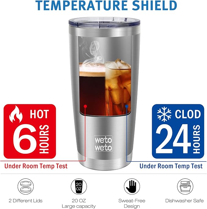 WETOWETO 20oz Tumbler, Stainless Steel Vacuum Insulated Coffee Travel Mug, Double Wall Powder Coated Insulated Coffee Mug Travel Mug with Lid Thermal Cup for Outdoor, Stainless steel, 6 Pack - Image 3