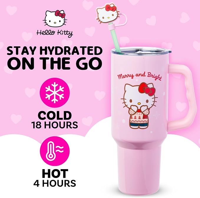 Silver Buffalo Sanrio Hello Kitty Christmas Holiday Sweater Merry and Bright Double Walled Stainless Steel Tumbler with Handle, Straw, and Straw Cap, Fits in Standard Cup Holder, 40 Ounces - Image 2