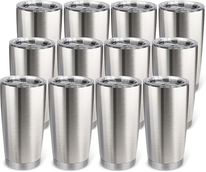 20oz Stainless Steel Tumbler Bulk with Lid, Travel Mug - Double Wall Vacuum Powder Coated Cup - Stainless steel, 12 Pack by Unknown