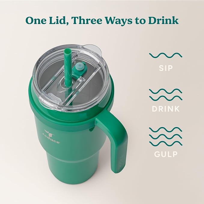 REDUCE 40 oz Stainless Steel Tumbler with Handle - Dual-Wall Vacuum Insulated Travel Mug, Sweat-Proof Lid & Reusable Straw - Keeps Drinks Cold for 24 Hrs, Fits Cupholders, Dishwasher Safe - Palm Leaf - Image 5