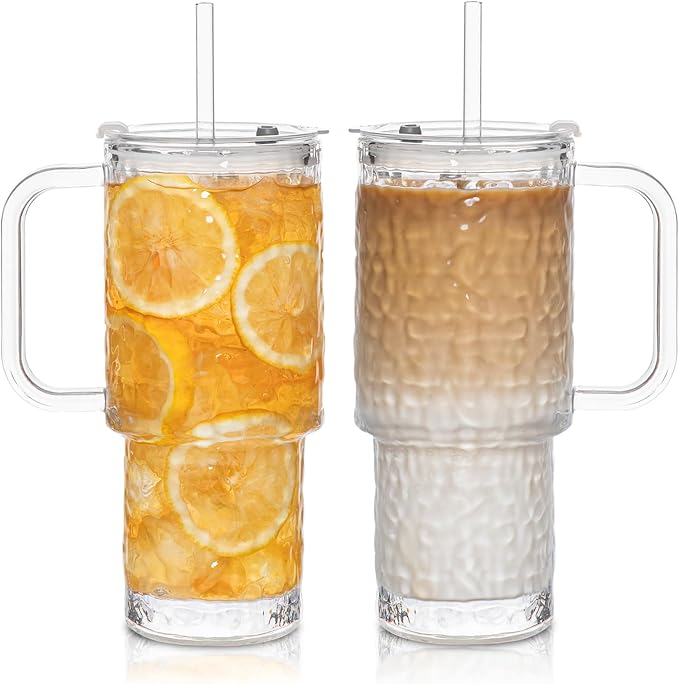 INSETLAN 26oz Water Ripple Glass Tumbler with Handle and Lid, Set of 2 – Reusable Iced Coffee Cups with Lids, Clear Glass Cups with Straw for Coffee, Smoothies, Tea, Juice – Perfect for any Occasion by INSETLAN