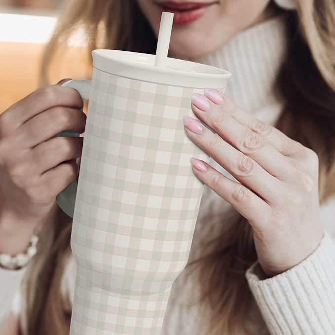 SANDJEST Grey Gingham 40oz Slider Tumbler with Handle and Straw - Insulated Stainless Steel Travel Coffee Mug for Women Girls, Gift for Birthday, Christmas - Image 6