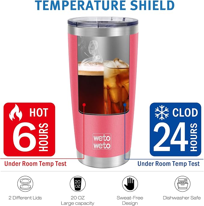 WETOWETO 20oz Tumbler with 2 lids and 2 straws, Stainless Steel Vacuum Insulated Water Coffee Tumbler Cup with Handle, Double Wall Powder Coated Travel Mug Thermal Cup (Watermelon Red, 1 Pack) - Image 6