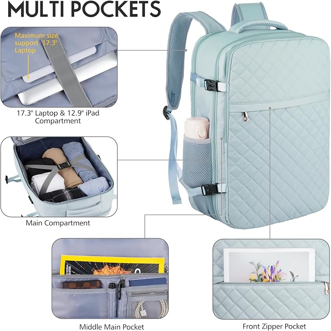 MOMUVO Large Travel Backpack Women, Flight Approved Carry On Backpack, Water - Image 2