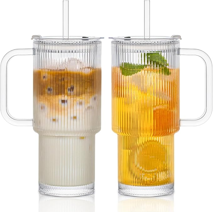 INSETLAN 24oz Ribbed Glass Tumbler with Handle & Lid – 2-Pack Large Iced Coffee Cups with Straws, Modern Glass Mug for Cold & Hot Beverages, Aesthetic Travel Cup for Smoothies, Tea, and Juice by INSETLAN
