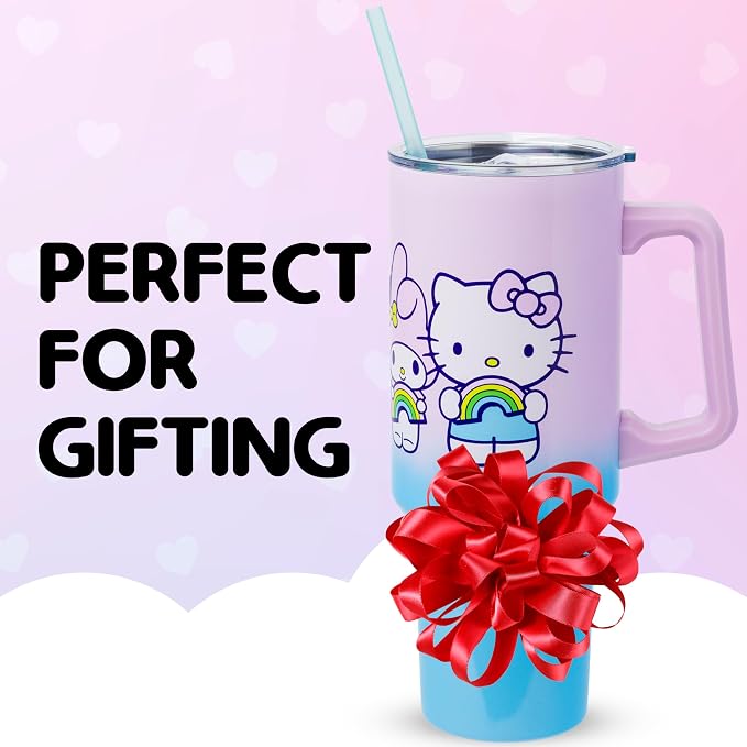 Silver Buffalo Sanrio Hello Kitty and Friends Featuring My Melody, Kuromi, Pompompurin Rainbow Ombre Double Walled Stainless Steel Tumbler with Handle and Straw, Fits in Standard Cup Holder, 40 Ounces - Image 7