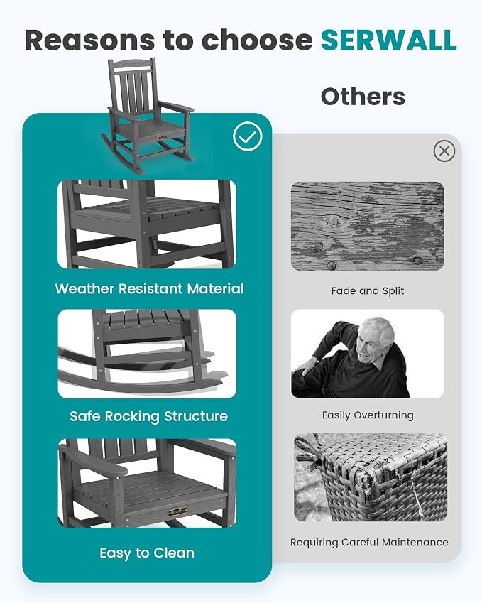 SERWALL Outdoor Rocking Chair Set of 2, HDPE Patio Rocking Chair All-Weather - Image 6