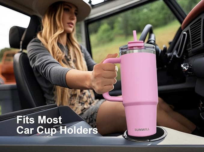 SUNWILL Coffee Tumbler with Handle, 30 oz Travel Mug with Lid and Straw Insulated, Stainless Steel Cup Leak Proof for Travel & Outdoor, Cupholder Friendly, Powder Coated Pink - Image 6