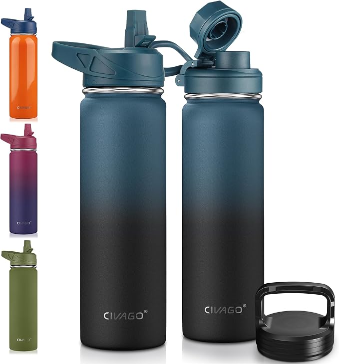 CIVAGO 22 oz Insulated Water Bottle With Straw, Stainless Steel Sports Water Flask Cup with 3 Lids (Straw, Portable Spout and Handle Lid), Double Walled Travel Thermal Canteen Mug, Indigo Black by CIVAGO