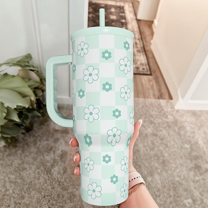 SANDJEST 40oz Daisy Flower Tumbler with Handle and Straw - Insulated Stainless Steel Coffee Travel Mug for Women Girls, Floral Gift Idea for Birthday Christmas - Image 8