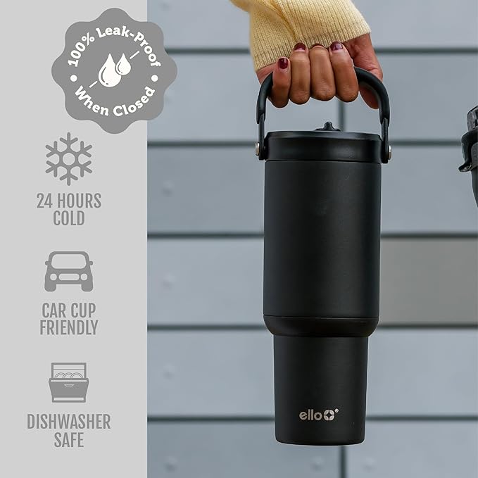 Ello Oasis Go+ 26oz Tumbler with Top Handle and Retracting Straw | Reusable Insulated Stainless Steel Cup, 100% Leakproof Water Bottle, 24 Hours Cold, Cup Holder Friendly For Travel | Black - Image 4
