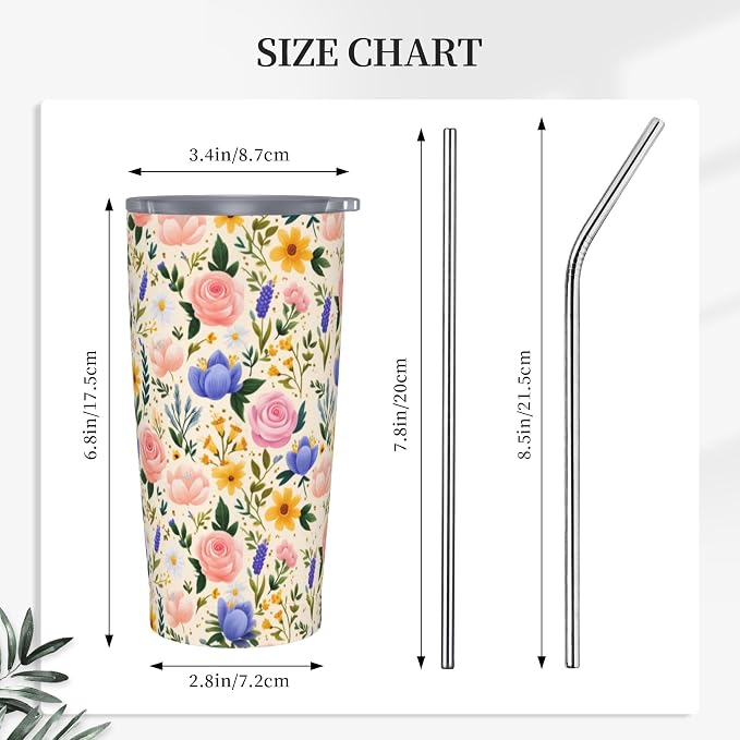 Floral Tumbler with Lid and Straw 20oz Vacuum Insulated Coffee Cup Stainless Steel Tumblers Leakproof Travel Mug Present for Women Men - Image 2
