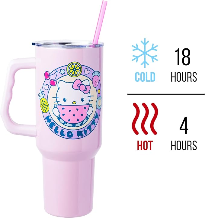 Silver Buffalo Sanrio Hello Kitty Summer Kawaii Fruits Double Walled Stainless Steel Tumbler with Handle, Fits in Standard Cup Holder, 40 Ounces - Image 3
