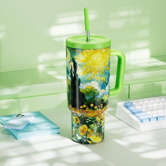 Meoky 40 oz Tumbler with Handle and Straw: Stainless Steel Insulated Tumbler with Lid and Straw - 100% Leak Proof Tumbler for Car Cup Holders - Travelers Commuters Workers, Sunflower - Image 7