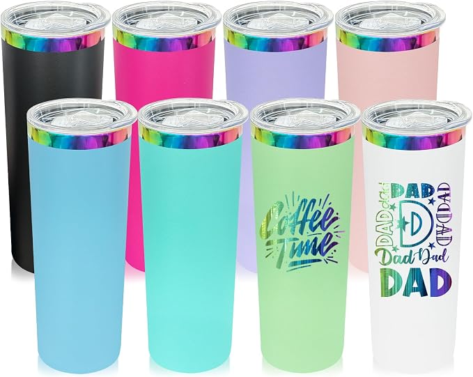 20 oz Skinny Tumblers Stainless Steel Tumbler with Lid and Straw Double Wall Vacuum Insulated Travel Coffee Mug 20oz Powder Coated Cup for Hot and Cold Drinks(Color Mix,8 pack) by FunTrans