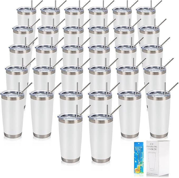 IEOVIEE 32 Pack, 20oz Stainless Steel Bulk Tumblers with Lids and Straws, Double Wall Insulated Travel Coffee Mug, Durable Powder Coated Tumbler Bulk Cup for Cold and Hot Drinks(White) by IEVOIEE