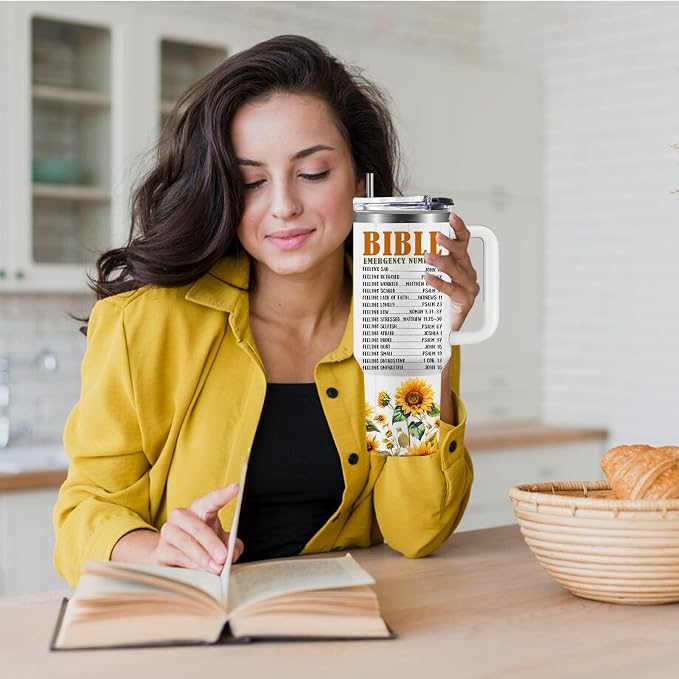 Sunflower Christian Gifts for Women, 40 oz Bible Emergency Numbers Tumbler with Lid and Straw, Inspirational Religious Birthday Gifts for You are Cup Christian - Image 6