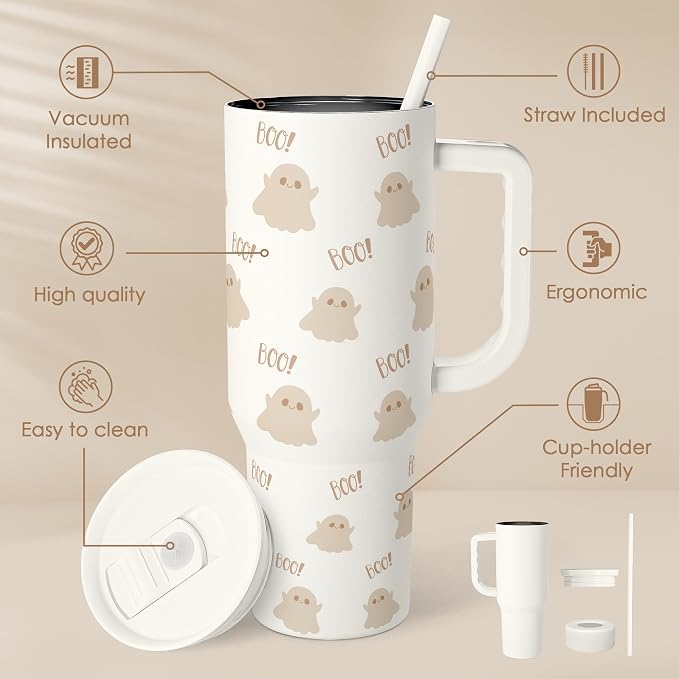 SANDJEST Boo Tumbler with Handle and Straw 40oz – Stainless Sleel Slider Tumbler Travel Coffee Mug for Women - Gift Idea for Fall Autumn Halloween Christmas - Image 2
