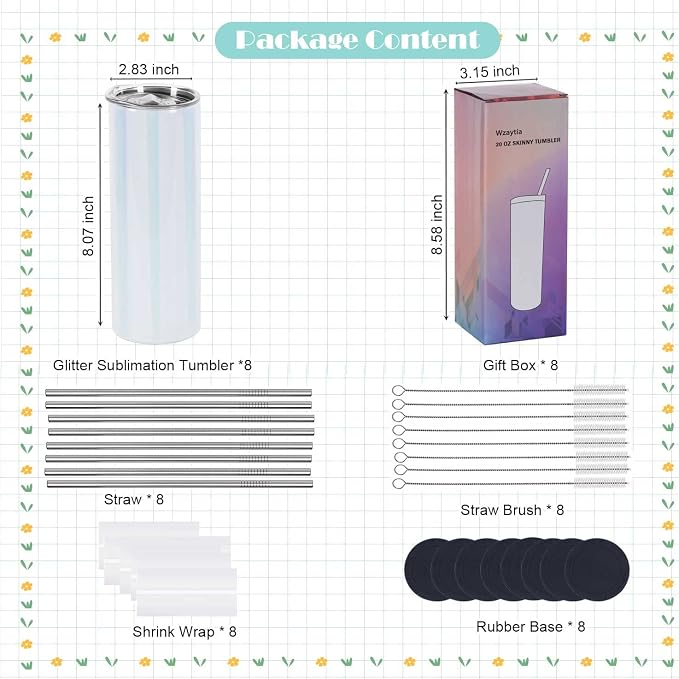 Glitter Sublimation Tumblers 20 Oz Skinny Straight, 8 Pack Stainless Steel Sublimation Glitter Shimmer Tumbler Blanks, Individually Boxed, White - Image 2