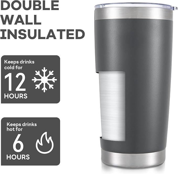 20 oz Tumbler with Lid Stainless Steel Insulated Tumblers Bulk Double Wall Vacuum Cups Powder Coated Travel Mug Keep Drink Cold and Hot, Grey, 8 Pack - Image 3