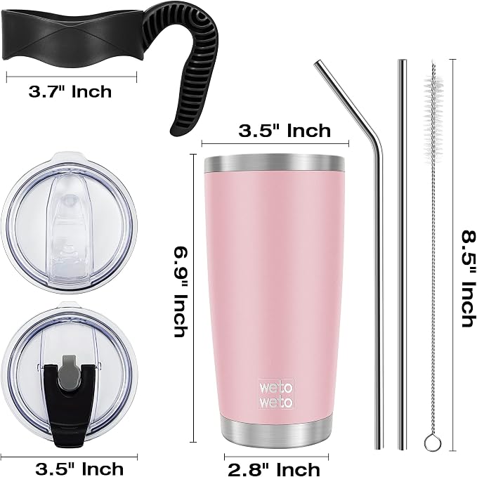 WETOWETO 20oz Tumbler with 2 lids and 2 straws, Stainless Steel Vacuum Insulated Water Coffee Tumbler Cup with Handle, Double Wall Powder Coated Travel Mug Thermal Cup (Ice Pink, 1 Pack) - Image 3