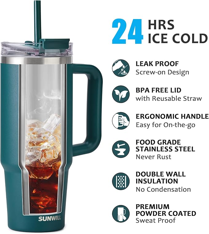 SUNWILL Travel Coffee Mug with Lid, 30 oz Tumbler with Handle and Straw Leak Proof, Stainless Steel Cup Insulated for Office & Camping, Cupholder Friendly, Powder Coated Deep Teal - Image 2
