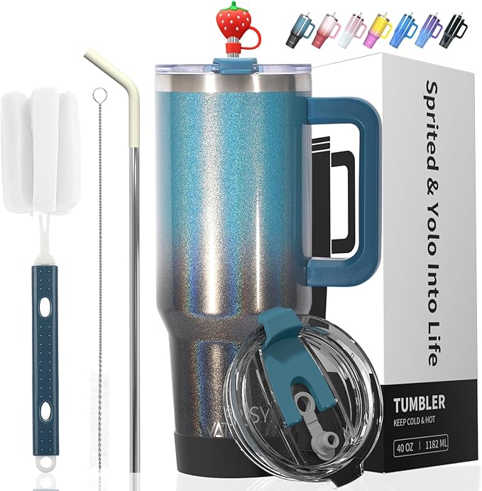 40 oz Shiny Tumbler with Handle and Straw,Stainless Steel Tumbler with Lid and Straw,Insulated Travel Mug(Cold for 34 Hours),Water Bottle for Iced Tea,Coffee (Black Blue) by Watersy