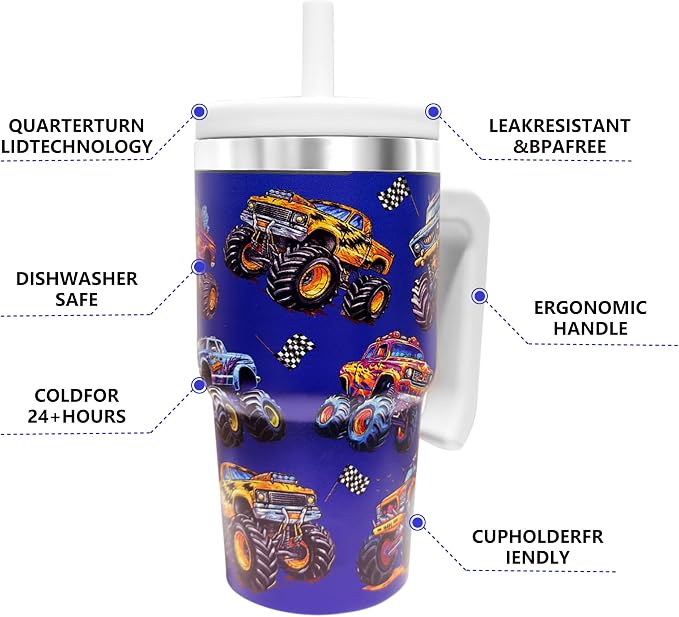 2PCS 20-OZ Insulated Water Bottle,Insulated Stainless Steel Tumbler,Reusable Cold Drink Thermos,BPA-Free, Double-Wall Stainless Steel Water Bottle (Dark blue-Monster trucks, 20, Fluid Ounces) - Image 5