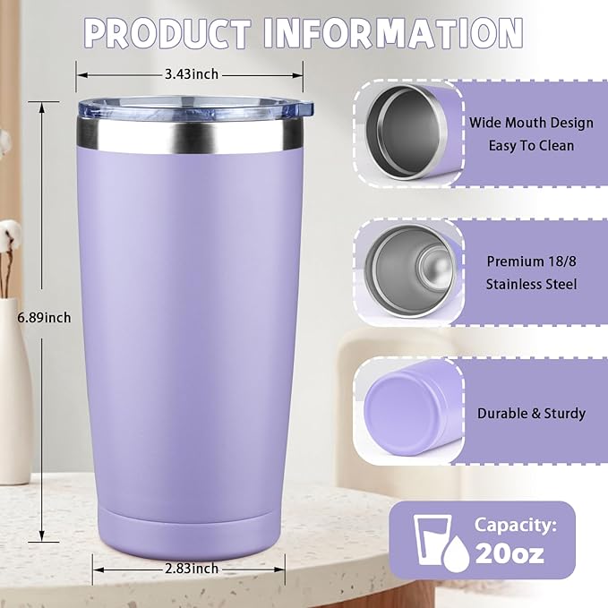 20 oz Tumbler with Lids and Straws, Stainless Steel Insulated Coffee Tumbler, Double Wall Vacuum Insulated Travel Mug Cup, Leakproof Thermal Coffee Cup for Hot and Cold Drinks (light purple) - Image 2