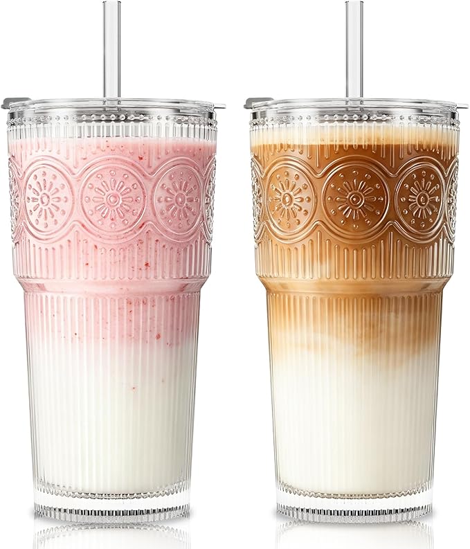 SoulTimes 20oz Ribbed & Floral Glass Tumbler Set of 2 – Reusable Glass Cups with Lid and Glass Straw, Iced Coffee Cups for Water, Smoothie, Milk, Cocktail & More – Perfect for Daily Use & Travel by SoulTimes