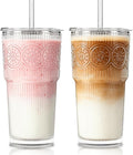 SoulTimes 20oz Ribbed & Floral Glass Tumbler Set of 2 – Reusable Glass Cups with Lid and Glass Straw, Iced Coffee Cups for Water, Smoothie, Milk, Cocktail & More – Perfect for Daily Use & Travel by SoulTimes