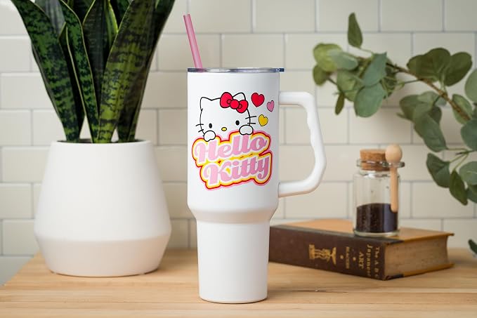 Silver Buffalo Sanrio Hello Kitty Name and Hearts Stainless Steel Tumbler with Handle and Straw, Fits in Standard Cup Holder, 40 Ounces (Pack of 12) - Image 2