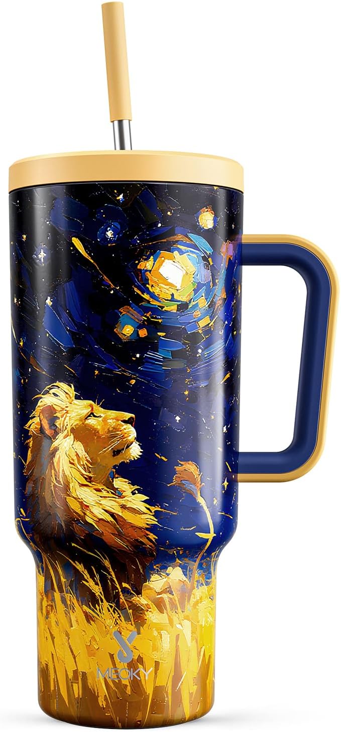 Meoky 40 oz Tumbler with Handle and Straw: Stainless Steel Insulated Tumbler with Lid and Straw - 100% Leak Proof Tumbler for Car Cup Holders - Travelers Commuters Workers, Lion by MEOKY