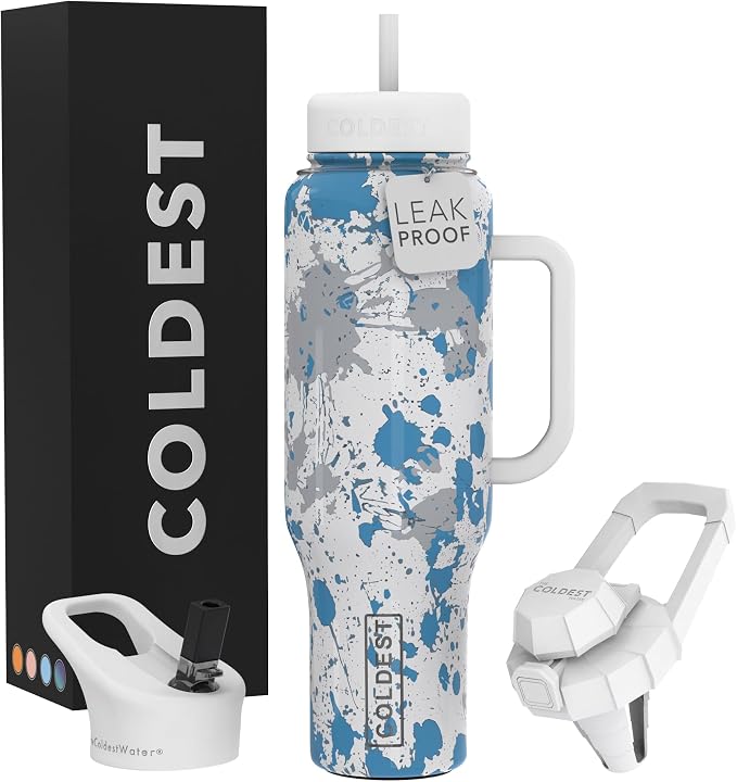 Coldest Tumbler with Handle and Straw - 100% Leak Proof Insulated Tumbler with Lid and Straw (3 Lids) - Stainless Steel Tumblers for Women & Men - Cup Holder Friendly Base, 46 oz (Cloud Matter) by Coldest