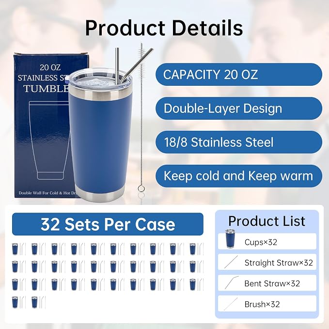 IEOVIEE 32 Pack, 20oz Stainless Steel Bulk Tumblers with Lids and Straws, Double Wall Insulated Travel Coffee Mug, Durable Powder Coated Tumbler Bulk Cup for Cold and Hot Drinks(Dark Blue) - Image 2
