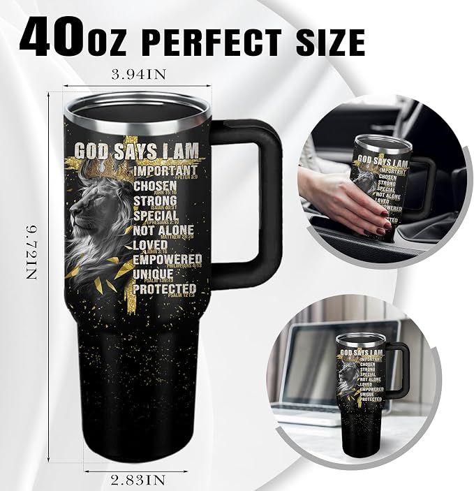 Christian Gifts for Men, 40 oz God Says I Am Lion Tumbler with Handle, Inspirational Religious Birthday Gifts, Lion Christian Gift for Spiritual Catholic Faith Jesus Bible God Prayer Cup - Image 7