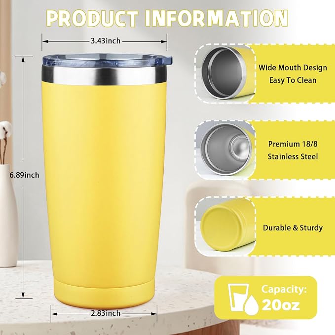 20 oz Tumbler with Lids and Straws, Stainless Steel Insulated Coffee Tumbler, Double Wall Vacuum Insulated Travel Mug Cup, Leakproof Thermal Coffee Cup for Hot and Cold Drinks (Yellow) - Image 2